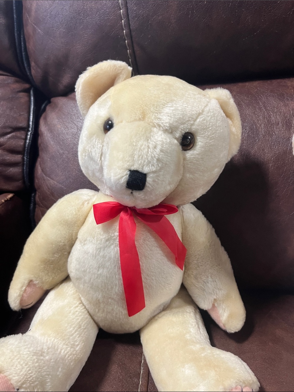 Plush Cream Teddy Bear with Red Ribbon - Soft Kids Toy